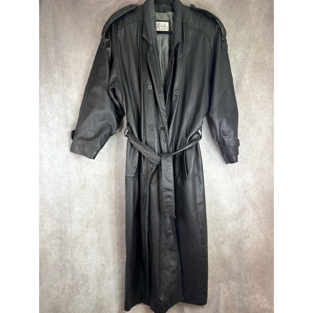 VTG 90s Pelle Studio Leather Trench Coat Womens M Black Belted Double Breasted